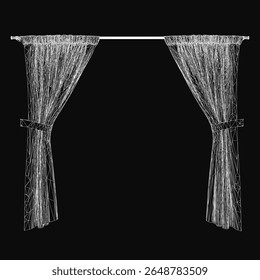 Um desenho cortina preto e branco apresenta padrões de linha intrincados e formas geométricas em um fundo escuro. O design minimalista cria um efeito visual elegante e artístico.