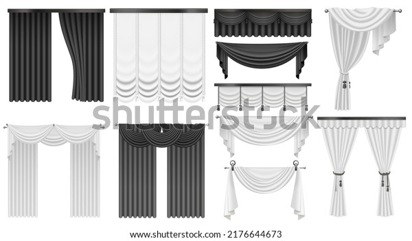 Black and white curtains set vector
illustration. Realistic 3d open and closed silk, velvet or satin
classic curtains drape, luxury hanging cloth for drapery of window,
interior decoration
background