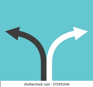 Black and white curved arrows showing directions on turquoise blue background. Choice, goal and decision concept. Flat design. EPS 8 vector illustration, no transparency