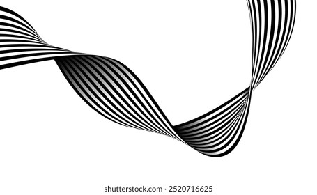 Línea curva blanca y negra. Línea de onda Fondo abstracto móvil. Forma geométrica de cinta suavemente doblada aislada sobre fondo blanco