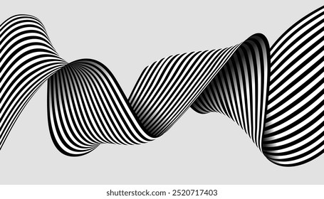 black and white curved line stripe. mobious wave abstract background. smoothly bent ribbon geometrical shape. wave line modern striped vector background