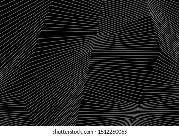 Black and white curved refracted 3d geometric lines tech background. Abstract dark monochrome minimal vector design
