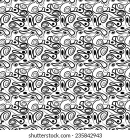 Black and white curvilinear pattern, rich background, seamless vector.