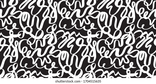 Black and white curvy brush stroke waves seamless pattern for background, fabric, textile, wrap, surface, web and print design. Abstract ribbon lines repeatable motif. 