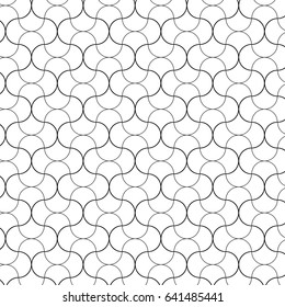Black and White Curvy Circular Seamless Repeating Background. Vector file geometric backdrop, wallpaper.