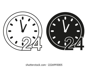 Schwarz-Weiß-Service-Unterstützung 24-Stunden-Icon, flacher Design-Vektorgrafik