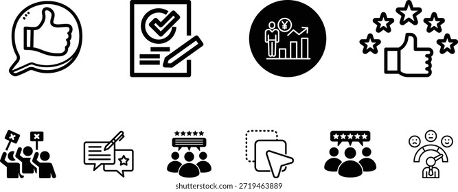 Conjunto de Comentarios de Clientes en blanco y negro e iconos de calificación que representan revisiones, satisfacción, Encuestas y experiencia del usuario para interfaces comerciales y digitales.