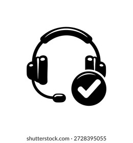 Black and white customer support headset with check mark icon vector illustration for helpline and approved service