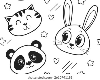Black and White Cute Animal Faces Pattern – Panda, Bunny, Cat, Hearts and Stars