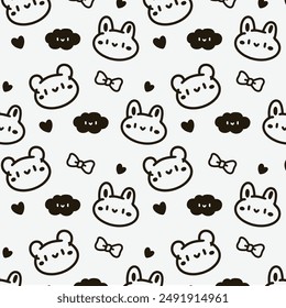 Patrón animal lindo blanco y negro con corazones y nubes. Diseño minimalista de garabato de oso y conejo Kawaii. Adorable fondo de dibujos animados monocromos y corazones.