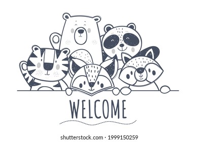 Black and white cute animal world line drawing set Illustrations and vectors