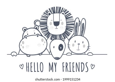 Black and white cute animal world line drawing set Illustrations and vectors