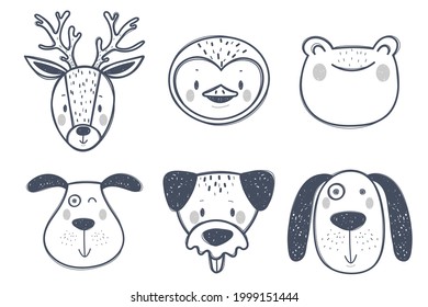 Black and white cute animal world line drawing set Illustrations and vectors