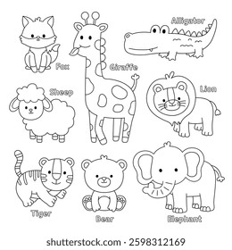 Black and White Cute Animals Coloring Activity collection illustrations zoo character