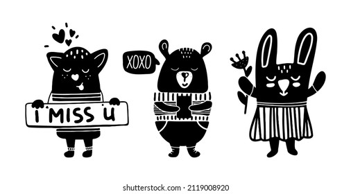 Black and white cute animals in Scandinavian style. Hand drawn vector illustration for posters, cards, t-shirts. Monochrome cat, bear, hare