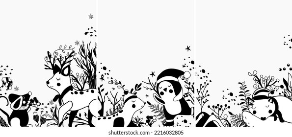 Black and white a cute arctic penguin in a hat on skates, sleeping wolf, funny reindeer, mouse, leaves and berries.Concept Christmas and New Year.Perfect for greeting cards, poster, postcard, banner.