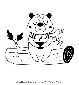 Black and white cute bear clipart. Autumn animal character. Fall animal doodle. Hand drawn vector illustration in flat style