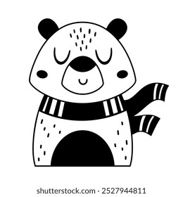 Black and white cute bear clipart. Autumn animal character. Fall animal doodle. Hand drawn vector illustration in flat style