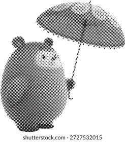 Ilustración de oso lindo en blanco y negro que sostiene un paraguas en estilo vintage de semitono. Adorable personaje de dibujos animados con sentimiento juguetón y sombreado de puntos texturizados. Perfecto para diseños infantiles, temas de Clima, tarjetas de felicitación, carteles y proyectos de marca.