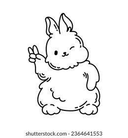 Black and white cute bunny, rabbit greets. Vector coloring book for children. Wild forest animal in kawaii style.