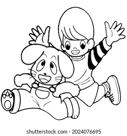 Black and white cute cartoon baby and rabbit. Coloring book for the children. Vector illustration