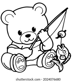 Black and white cute cartoon bear fishing. Coloring book for the children. Vector illustration
