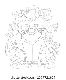 Black and white cute cartoon cat for coloring pages and kids' illustrations