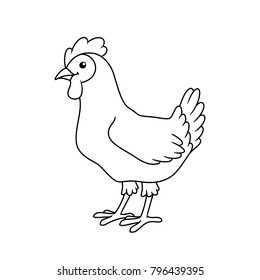 Black and white cute cartoon chicken is standing. Coloring pages for the children. Vector illustration