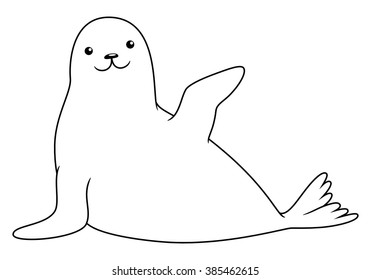 Black and white cute cartoon fur seal with one paw up. Coloring book for the children. Vector illustration