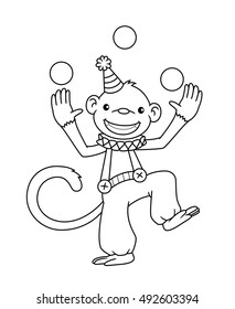 Black and white cute cartoon monkey juggling balls. Coloring book for the children. Vector illustration
