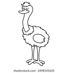 black and white cute cartoon ostrich, coloring book for children, outline flat vector illustration
