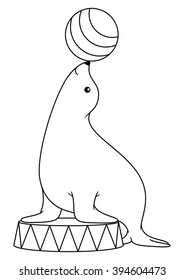 Black and white cute cartoon seal playing with ball in circus. Coloring book for the children. Vector illustration