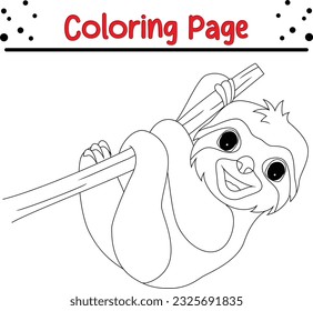 Black and white cute cartoon sloth hanging on tree branch. Sloth Coloring book for children. animal coloring page