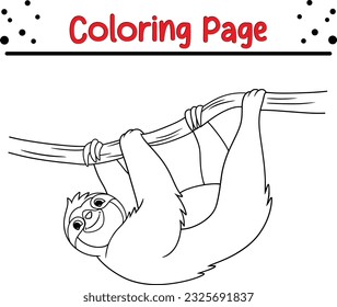 Black and white cute cartoon sloth hanging on tree branch. Sloth Coloring book for children. animal coloring page