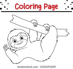 Black and white cute cartoon sloth hanging on tree branch. Sloth Coloring book for children. animal coloring page