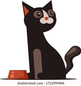black and white cute cat with bowl cartoon vector illustration.