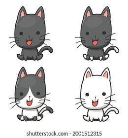 Black and white cute cat cartoon character, Cow cat, White cat, cute sitting baby kitten, Kawaii cartoon, little pussy, Isolated clipart on white background vector illustration.