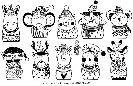 Black and white Cute Christmas Animals: bear, tiger, Koala, deer, owl, lama, raccoon, giraffe and other. Cozy Cartoon character set. Concept Christmas and New Year. Vector illustration.