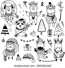 Black and white Cute Christmas Animals, lama, hippo, panda, ram and Christmas elements. Cozy Cartoon character set. Nursery art. Scandinavian style. Vector illustration