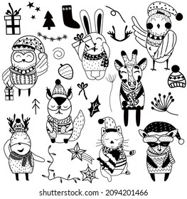 Black and white Cute Christmas Animals, raccoon, owl, rabbit, cat, giraffe and Christmas elements. Cozy Cartoon character set. Nursery art. Scandinavian style. Vector illustration