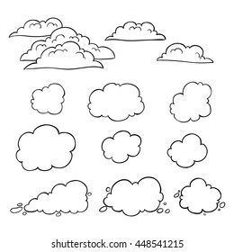 Black and white cute clouds using doodle art on white background