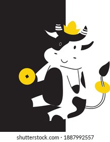 Black and White cute cow with gold coins and gold ingot vector