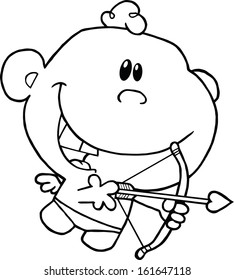 Black And White Cute Cupid Flying With Bow And Arrow. Vector Illustration Isolated on white