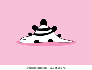 Black and white cute dinosaur sleep on a pink background, doodle style.