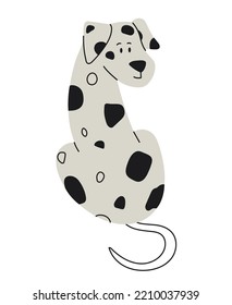 Black and white cute doodle dog. Dalmatian sits with his back, beautiful and charming puppy. Love for pets and care for animals, mammal. Toy or mascot for children. Cartoon flat vector illustration