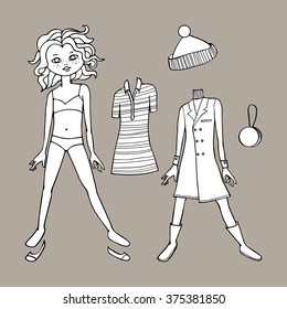 Black & white cute dress up paper doll. Body template, clothing and accessories. Vector illustration
