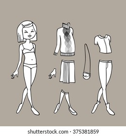 Black & white cute dress up paper doll. Body template, clothing and accessories. Vector illustration