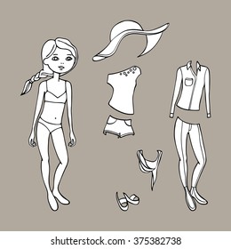 Black & white cute dress up paper doll. Body template, clothing and accessories. Vector illustration