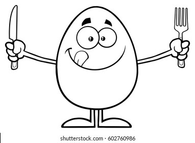 Black And White Cute Egg Cartoon Mascot Character Licking His Lips And Holding Silverware. Vector Illustration Isolated On White Background