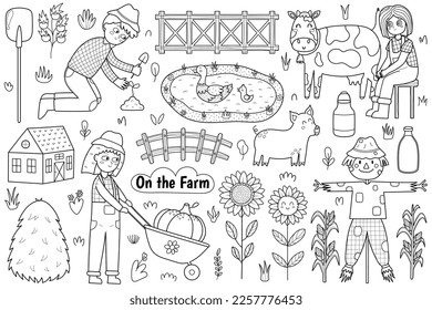 Black and white cute farm animals set with animals and farmers. Coloring page with girl milking a cow, boy planting a sprout, pig, duck with duckling on the lake, scarecrow. Vector illustration